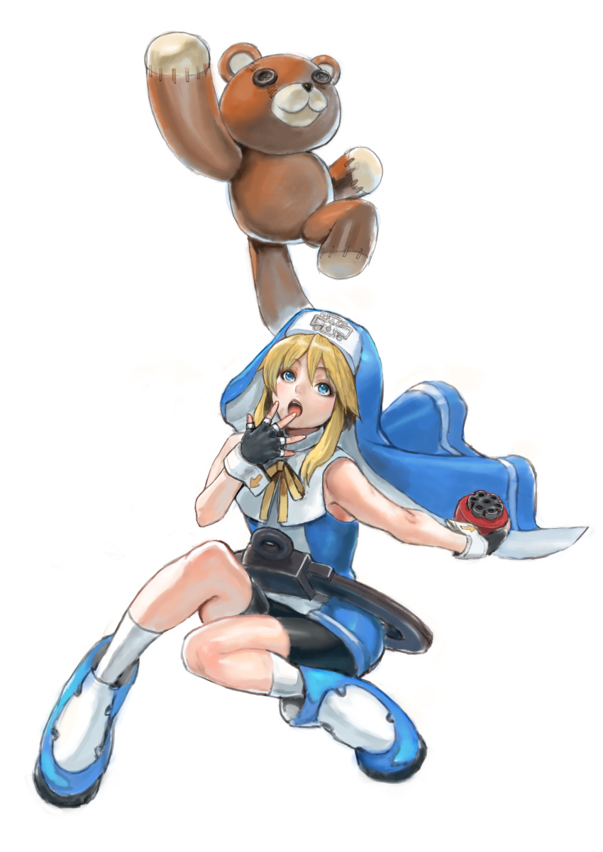 1boy absurdres bare_shoulders bike_shorts black_gloves blonde_hair blue_dress bridget_(guilty_gear) cross cuffs dress fingerless_gloves gloves guilty_gear guilty_gear_xx habit handcuffs highres looking_at_viewer male_focus mars_symbol nun open_mouth otoko_no_ko roger_(guilty_gear) stuffed_animal stuffed_toy teddy_bear yo-yo