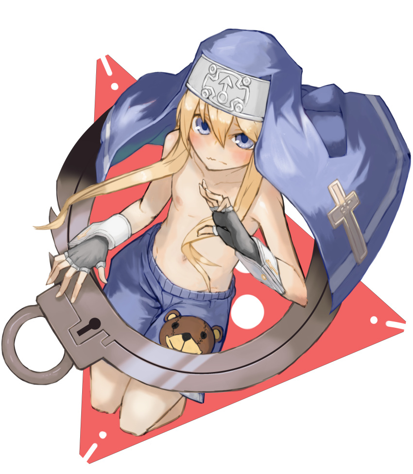 1boy absurdres black_gloves blonde_hair blue_eyes bridget_(guilty_gear) cross cuffs fingerless_gloves gloves guilty_gear guilty_gear_xx habit handcuffs highres latin_cross looking_at_viewer male_focus male_swimwear_challenge mars_symbol nun otoko_no_ko roger_(guilty_gear) swimsuit topless wawon_(wan_wawon)