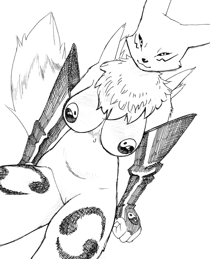 anthro armwear bandai_namco big_breasts biped breasts chest_tuft clothing digimon digimon_(species) elbow_gloves facial_markings female genitals gloves graphite_(artwork) handwear head_markings hi_res leg_markings looking_at_viewer markings mostly_nude pasties pen_(artwork) pencil_(artwork) pussy realius renamon simple_background solo thick_thighs thigh_markings traditional_media_(artwork) tuft