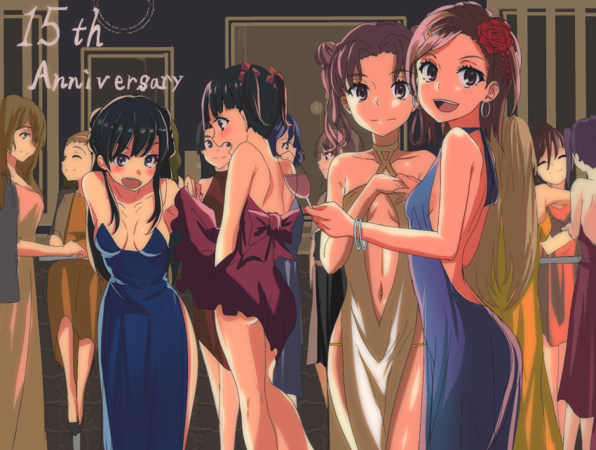 4girls :d alcohol alternate_costume alternate_hairstyle anniversary arm_behind_back ass assisted_exposure backless_dress backless_outfit bangs bare_back bare_shoulders black_hair blue_dress blunt_bangs blush bob_cut bow breasts brown_dress brown_hair butt_crack champagne_flute character_request cleavage closed_mouth clothes_lift clothing_cutout collarbone commentary covering covering_crotch crowd cup double_bun dress dress_bow dress_lift drink drinking_glass earrings embarrassed feet_out_of_frame flower from_behind from_side hair_bun hair_flower hair_ornament hair_up hairclip halterneck highleg holding holding_cup holding_drink hoop_earrings indoors jewelry lifted_by_another long_dress long_hair looking_at_another looking_at_viewer looking_to_the_side lowleg lowleg_panties medium_breasts medium_hair midriff misaka_mikoto mitsunari_(708154) multiple_girls navel no_bra open_mouth panties parted_bangs party people plunging_neckline public_indecency purple_dress red_flower red_rose rose saten_ruiko shirai_kuroko short_dress short_hair short_twintails shoulder_blades shouting side_slit sideboob skirt skirt_lift small_breasts smile standing swept_bangs teeth toaru_kagaku_no_railgun toaru_majutsu_no_index twintails uiharu_kazari underboob underboob_cutout underwear upper_teeth_only wine yellow_panties