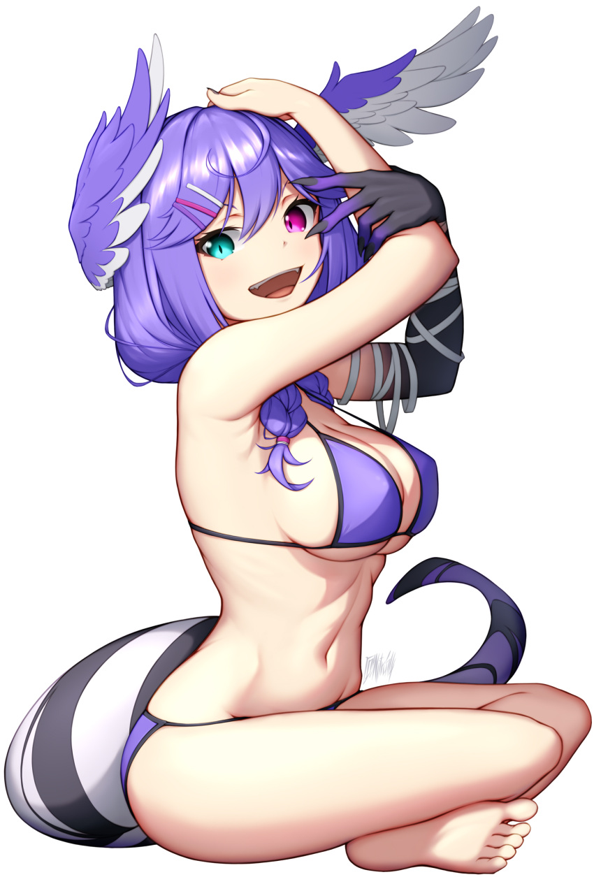 1girl ahoge asymmetrical_arms bandaged_arm bandages bikini blue_eyes braid breasts dragon_girl dragon_tail hair_ornament hairclip head_wings heterochromia highres long_hair looking_at_viewer medium_breasts medium_hair nijisanji nijisanji_en nitrus purple_bikini purple_eyes purple_hair purple_wings selen_tatsuki simple_background sitting solo swimsuit tail twin_braids virtual_youtuber white_background wings
