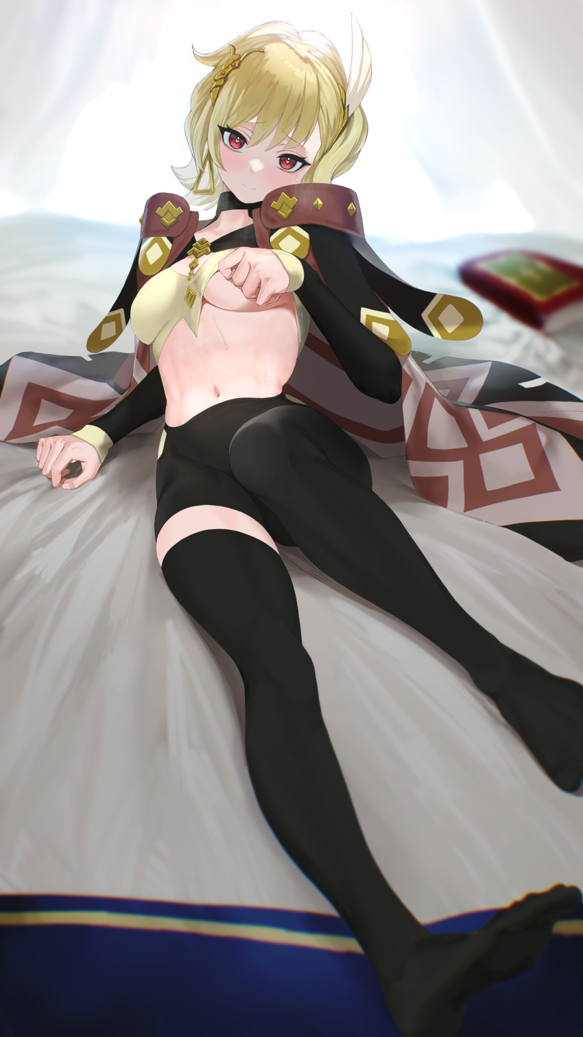 1girl absurdres bed_sheet black_leggings black_thighhighs blonde_hair blurry breasts cape citrinne_(fire_emblem) depth_of_field earrings fire_emblem fire_emblem_engage foreshortening heart heart-shaped_pupils highres jewelry kazane-wind leggings long_sleeves looking_at_viewer medium_breasts midriff navel no_shoes red_eyes short_hair single_leg_pantyhose skin_tight smile solo sweat symbol-shaped_pupils thighhighs underboob wing_hair_ornament