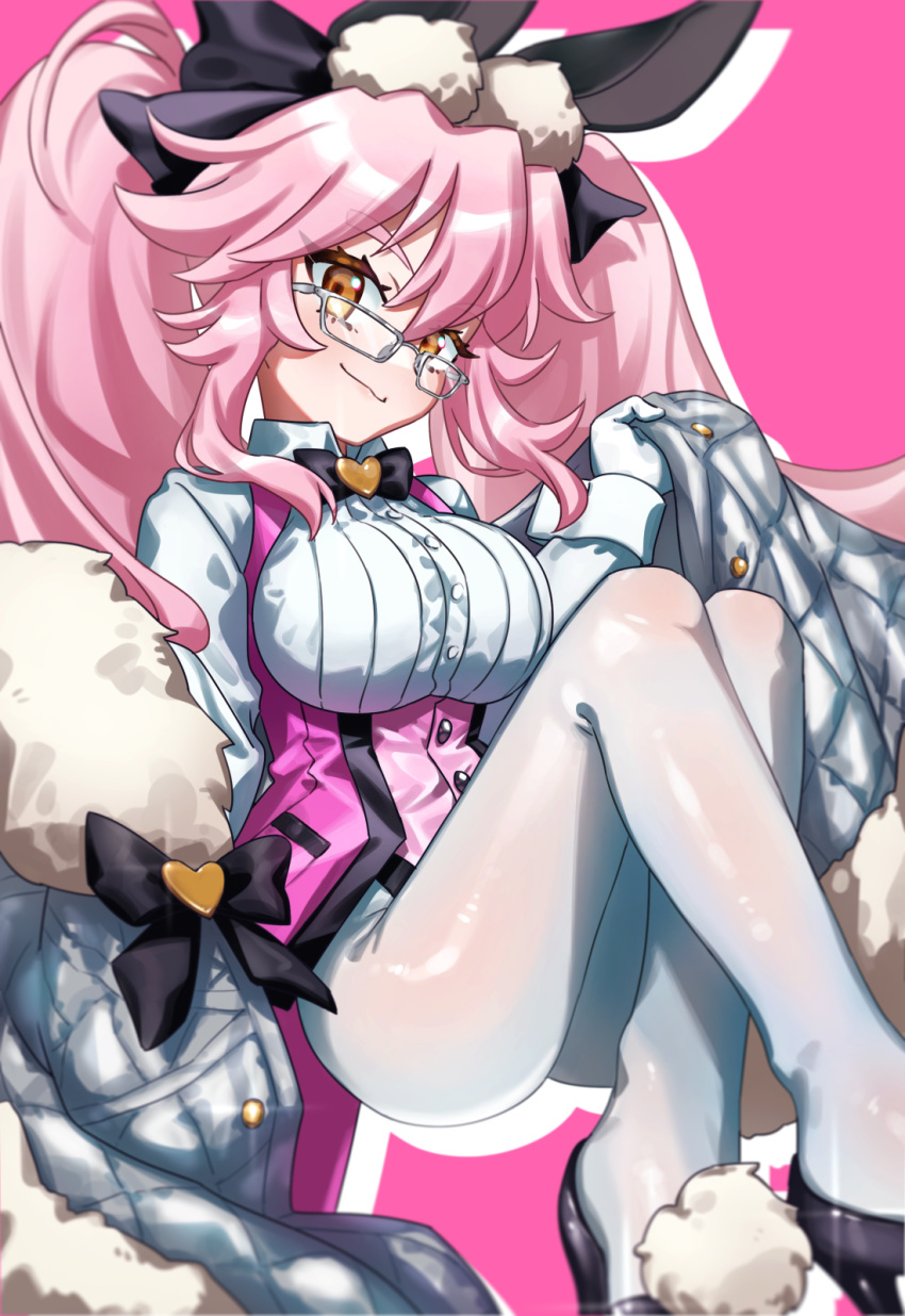 1girl akantai animal_ear_fluff animal_ears bangs black_bow black_gloves blush bow breasts cloak coattails collared_shirt corset dress_shirt fate/grand_order fate_(series) fur-trimmed_cloak fur_trim glasses gloves hair_between_eyes hair_bow high_heels highres koyanskaya_(assassin)_(second_ascension)_(fate) koyanskaya_(fate) large_breasts long_hair long_sleeves looking_at_viewer pantyhose pink_background pink_hair rabbit_ears shirt sidelocks solo tamamo_(fate) thighs twintails underbust white_pantyhose white_shirt yellow_eyes