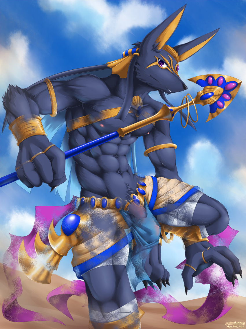 absurd_res accessory akino-kamihara anthro anubian_jackal anubis barely_visible_genitalia barely_visible_penis black_body black_fur bottomwear bracelet bulge canid canine canis censored claws clothing cloud cock_ring creative_censorship deity desert egyptian_mythology eyeliner fur genitals hi_res humanoid_genitalia humanoid_penis jackal jewelry loincloth looking_at_viewer makeup male mammal middle_eastern_mythology muscular muscular_anthro muscular_male mythology nipples outside penis penis_accessory penis_base penis_jewelry red_eyes ribbons ring solo staff vein wrappings