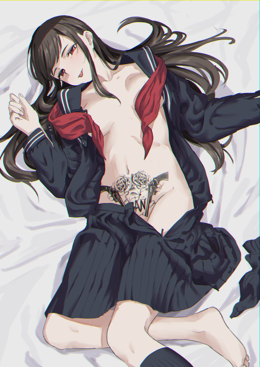1girl absurdres bed_sheet black_shirt black_skirt black_socks breasts breasts_apart brown_hair chromatic_aberration closed_mouth convenient_censoring esubui groin half-closed_eyes highres long_hair long_sleeves looking_at_viewer navel neckerchief original pubic_tattoo red_eyes red_neckerchief sailor_collar school_uniform serafuku shirt single_sock skirt small_breasts smile socks solo tattoo tongue tongue_out undressing