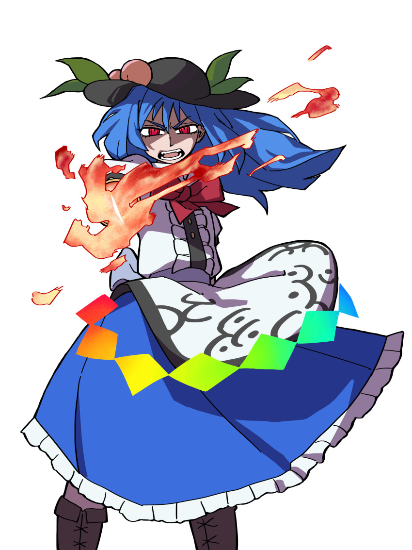 1girl :d absurdres bangs black_headwear blue_hair bow bowtie center_frills eddybird55555 english_commentary fire food frills fruit half-closed_eyes hand_on_hip highres hinanawi_tenshi holding holding_sword holding_weapon leaf long_hair looking_at_viewer open_mouth peach rainbow_gradient red_bow red_bowtie red_eyes ringed_eyes short_sleeves simple_background smile solo standing sword sword_of_hisou touhou weapon white_background