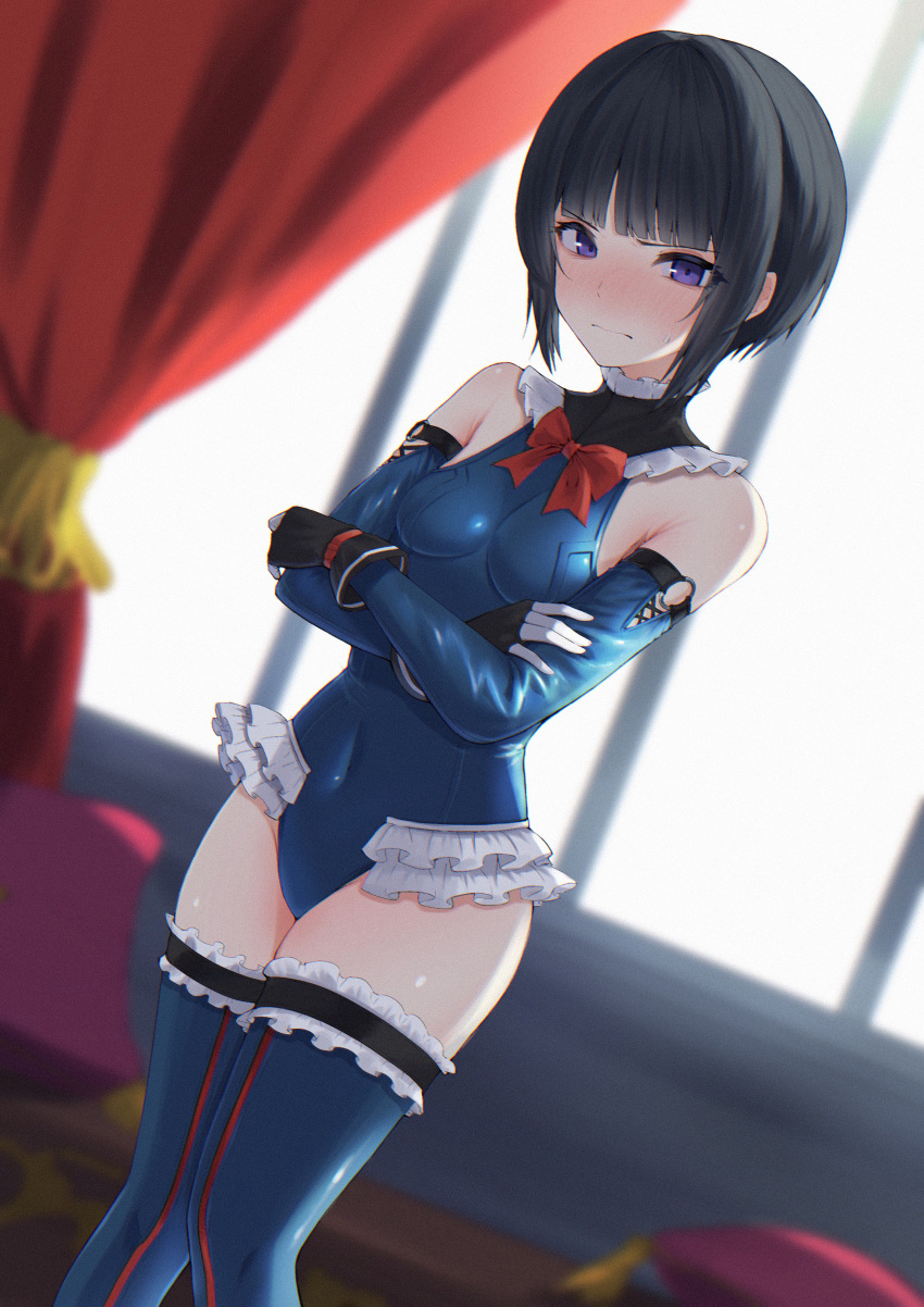 1girl absurdres bangs black_gloves black_hair blue_leotard blue_sleeves blue_thighhighs blunt_bangs blush bow bowtie breasts closed_mouth cosplay covered_navel crossed_arms dead_or_alive dead_or_alive_5 detached_sleeves embarrassed gloves highres idolmaster idolmaster_cinderella_girls indoors leotard looking_at_viewer marie_rose marie_rose_(cosplay) medium_breasts purple_eyes red_bow red_bowtie shirayuki_chiyo shooot108 short_hair solo standing thighhighs thighs