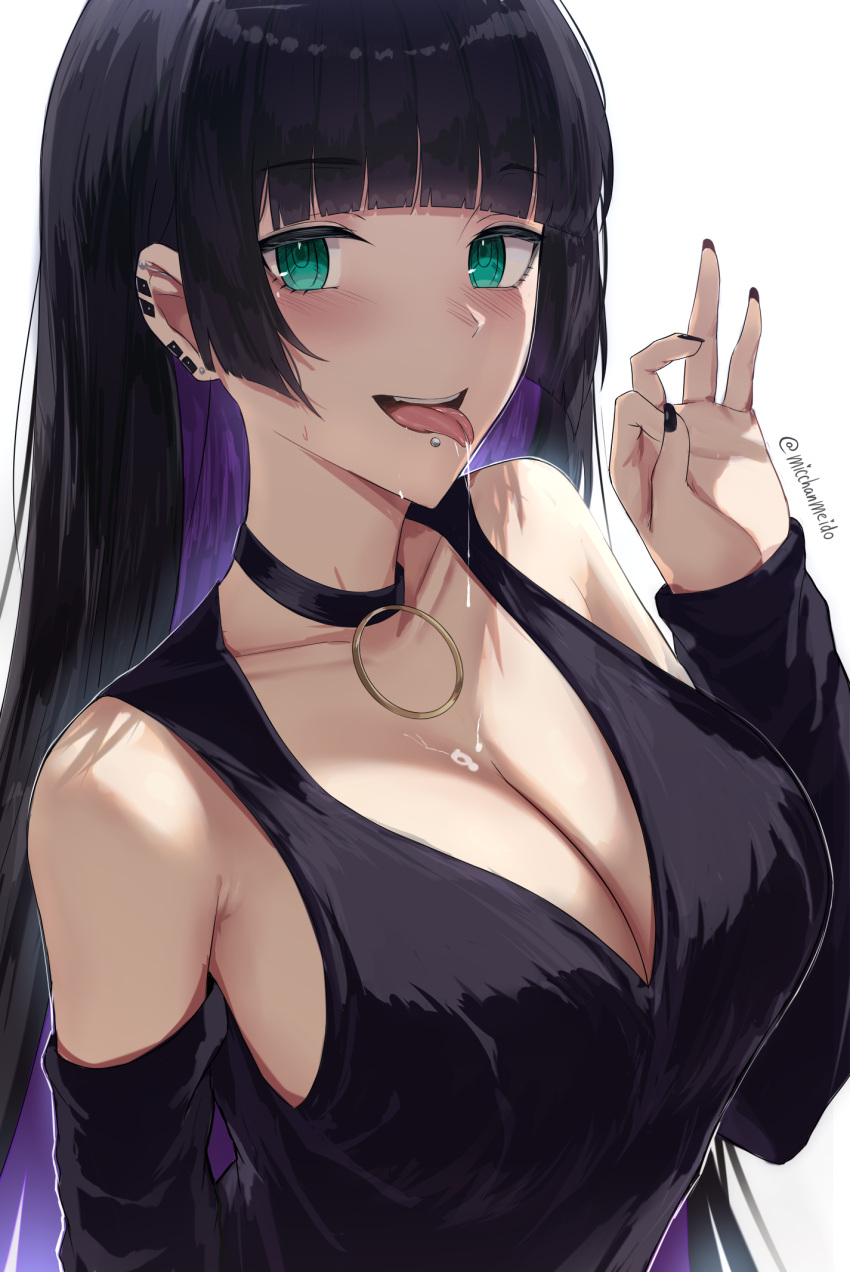 1girl bangs bare_shoulders black_choker black_dress black_hair black_nails blunt_bangs blush bocchi_the_rock! breasts choker cleavage colored_inner_hair detached_sleeves dress drooling ear_piercing fellatio_gesture green_eyes highres large_breasts long_hair long_sleeves looking_at_viewer micchan_(micchanmeido) multicolored_hair nail_polish open_mouth pa-san piercing purple_hair saliva simple_background upper_body white_background