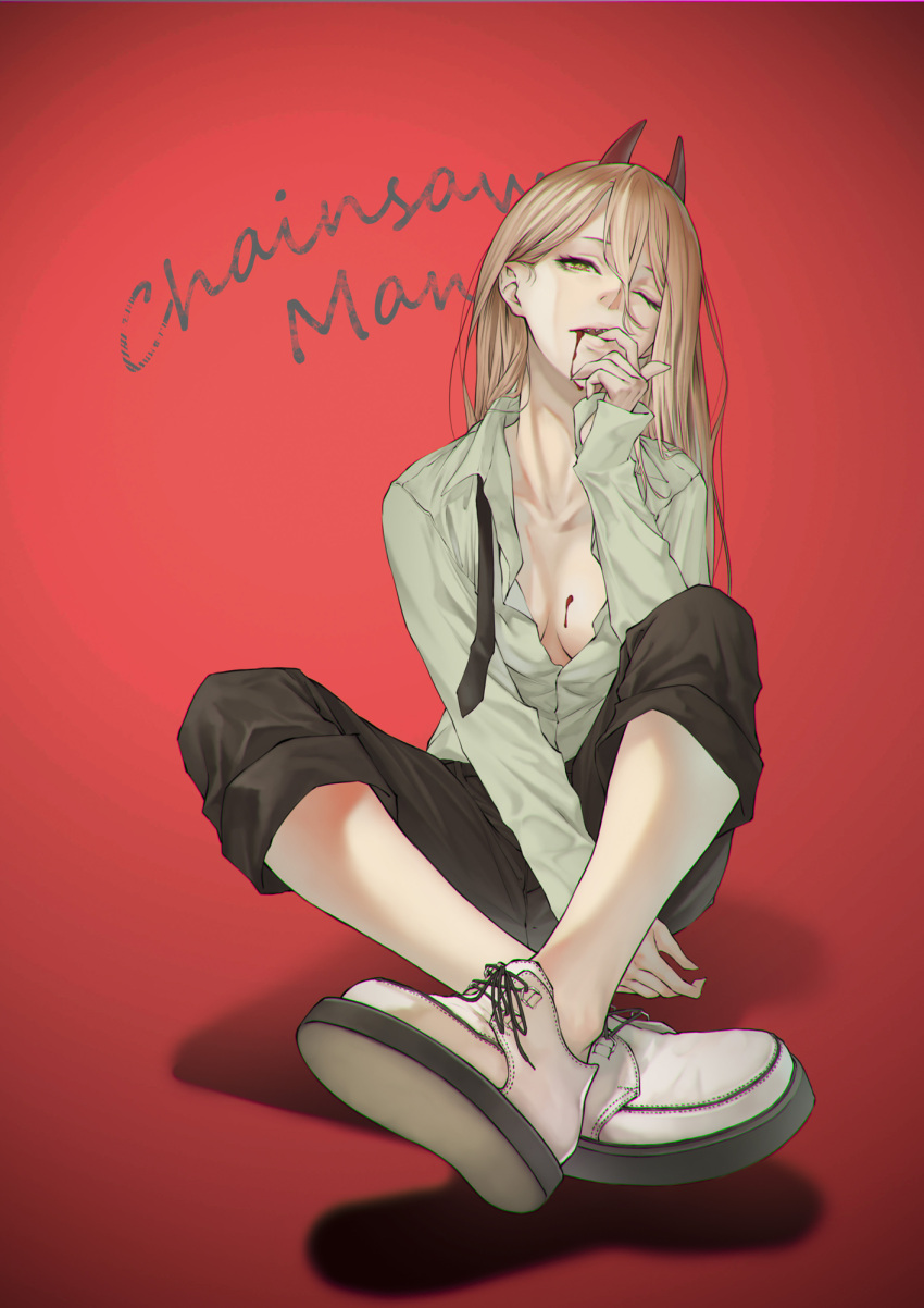 1girl background_text bangs black_necktie black_pants blonde_hair blood blood_from_mouth blood_on_breasts breasts chainsaw_man cleavage collarbone cross-laced_footwear crossed_legs finger_in_own_mouth hair_between_eyes highres horns long_hair looking_at_viewer loose_necktie midorino_tanuki necktie one_eye_closed oni_horns open_clothes open_shirt pants pants_rolled_up parted_lips power_(chainsaw_man) red_background red_horns shadow shirt shoe_soles sitting solo