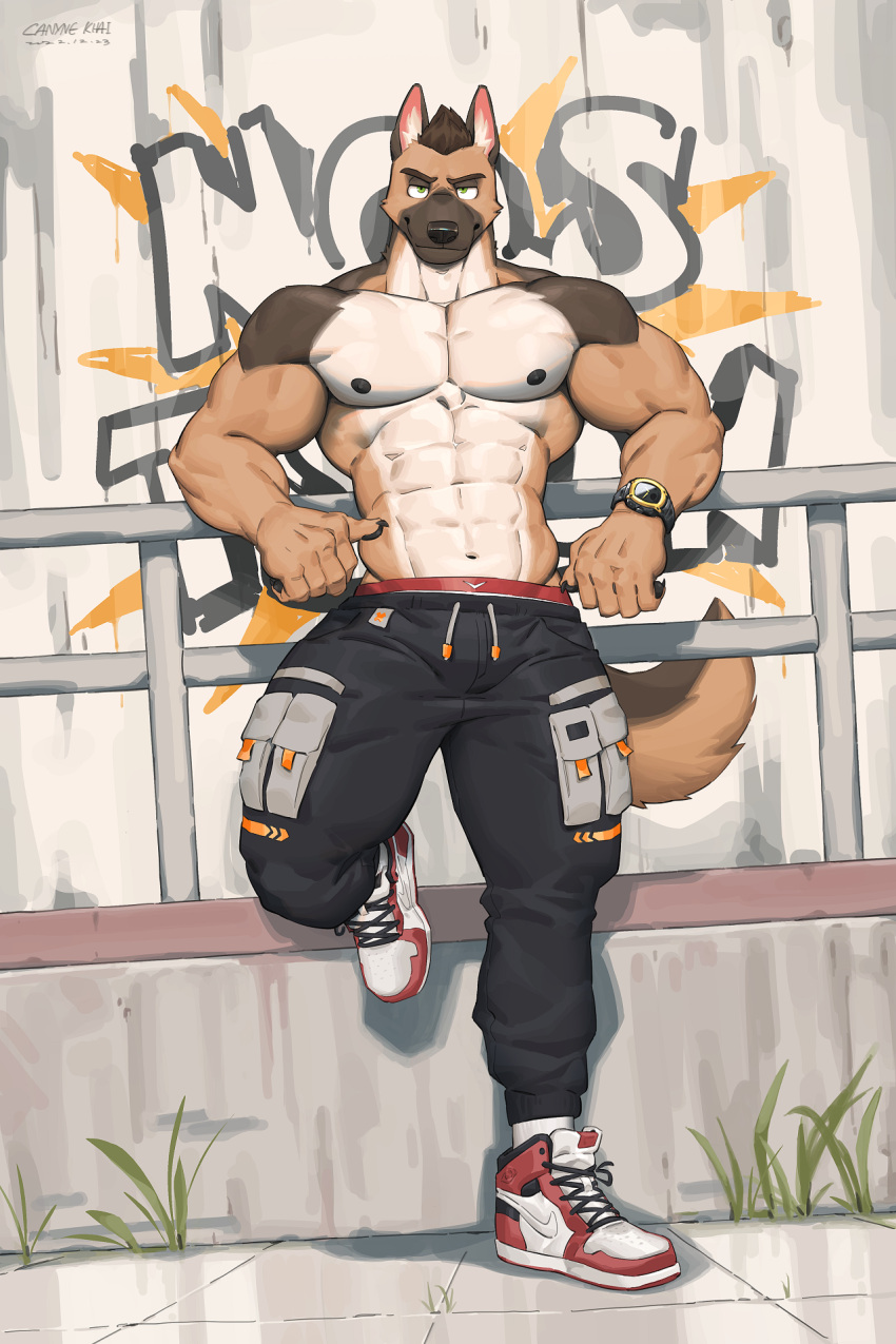 2:3 5_fingers abs anthro biped bottomwear canid canine canis canyne_khai claws clock clothed clothing countershade_torso countershading domestic_dog fingers footwear german_shepherd graffiti green_eyes herding_dog hi_res inner_ear_fluff looking_at_viewer male mammal muscular muscular_anthro muscular_male pants pastoral_dog pawpads pecs shoes smile smiling_at_viewer solo tail topless topless_anthro topless_male tuft watch wristwatch
