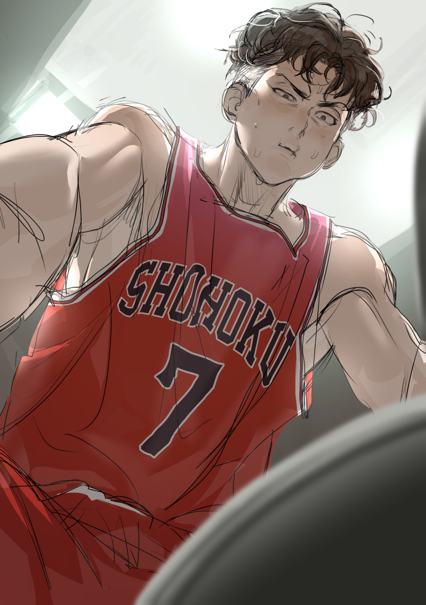 1boy absurdres basketball_jersey basketball_uniform brown_hair chamuring cheek_bulge closed_mouth highres korean_commentary looking_at_object male_focus miyagi_ryouta red_shirt shirt short_hair slam_dunk_(series) sleeveless sleeveless_shirt solo sportswear sweat toilet undercut