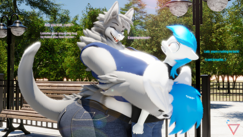 16:9 3d_(artwork) 4_fingers 5_fingers absurd_res animal_humanoid anthro belly bench big_breasts blender_(software) blue_hair bottomwear breasts cleavage clenched_teeth clothed clothing crop_top day denim denim_clothing detailed_background dialogue digital_media_(artwork) duo embrace english_text equid equid_humanoid equine equine_humanoid eyebrows eyes_closed fan_character feathered_wings feathers female fence fingers fist friendship_is_magic fur grabbing grey_body grey_fur hair hasbro hi_res horse hug humanoid jeans lamp latios_pegasus_(oc) latiospegasus leaf light male male/female mamagen mammal mammal_humanoid midriff multicolored_hair my_little_pony open_mouth outside pants park park_bench paws pegasus plant pony raised_tail scared shirt short_tail sidewalk sky sleeveless_shirt smile source_filmmaker sunlight tail teeth text thick_thighs tongue topwear tree watermark white_belly white_body widescreen wings