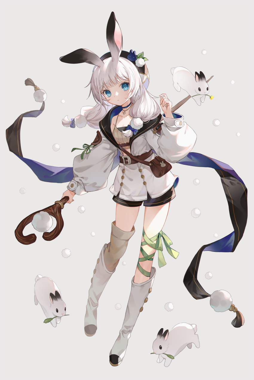 1girl animal_ears bag bangs blue_eyes boots choker closed_mouth eyebrows_hidden_by_hair full_body hat highres holding holding_staff jewelry long_hair long_sleeves looking_at_viewer necklace original rabbit rabbit_ears shorts shoulder_bag single_thighhigh staff standing thighhighs white_hair wizard yuyuhi_fine