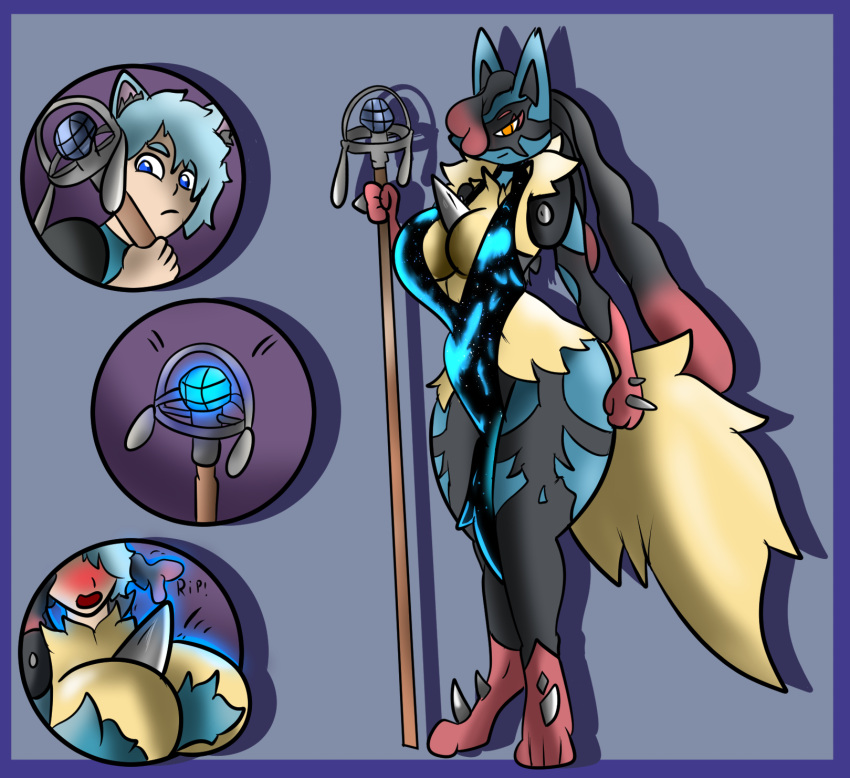 anthro big_breasts black_markings blue_body blue_eyes blue_fur blue_hair blush breasts chest_spike clothed clothing colored comic fur gaminglover gender_transformation generation_4_pokemon hair hand_spikes hi_res holding_object holding_staff human lucario mammal markings mega_evolution mega_lucario mtf_transformation nintendo orange_eyes partially_clothed pokemon pokemon_(species) red_markings simple_background solo species_transformation spikes spikes_(anatomy) staff thick_thighs torn_clothing transformation yellow_body yellow_fur