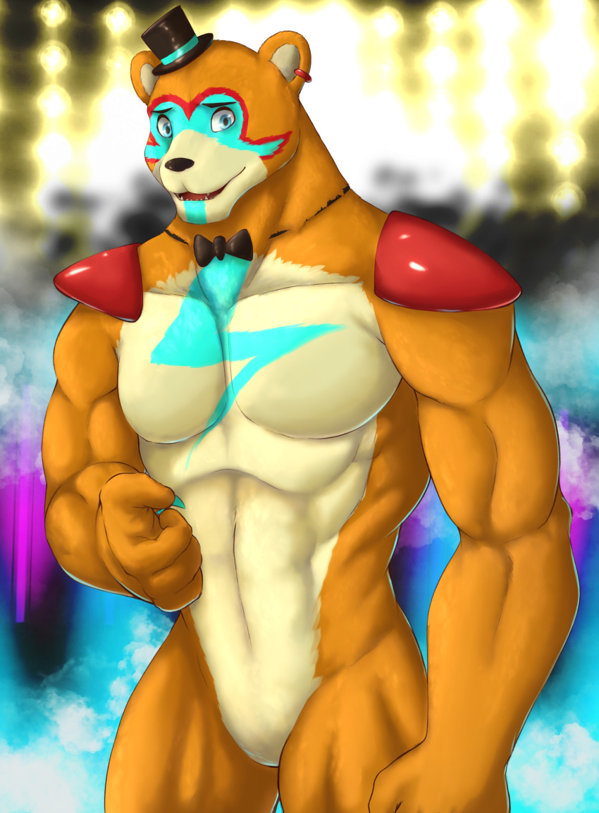 2022 absurd_res anthro bear blue_eyes bodypaint bow_tie bracelet chibikoma claws clothed clothing digital_drawing_(artwork) digital_media_(artwork) ear_piercing ear_ring eyebrows face_paint featureless_crotch five_nights_at_freddy's five_nights_at_freddy's:_security_breach fur glamrock_freddy_(fnaf) hat headgear headwear hi_res jewelry looking_at_viewer male mammal markings muscular muscular_anthro muscular_male navel nude open_mouth pecs piercing portrait ring_piercing scottgames shoulder_guards simple_background smile solo tan_body tan_fur three-quarter_portrait top_hat white_background yellow_body yellow_fur