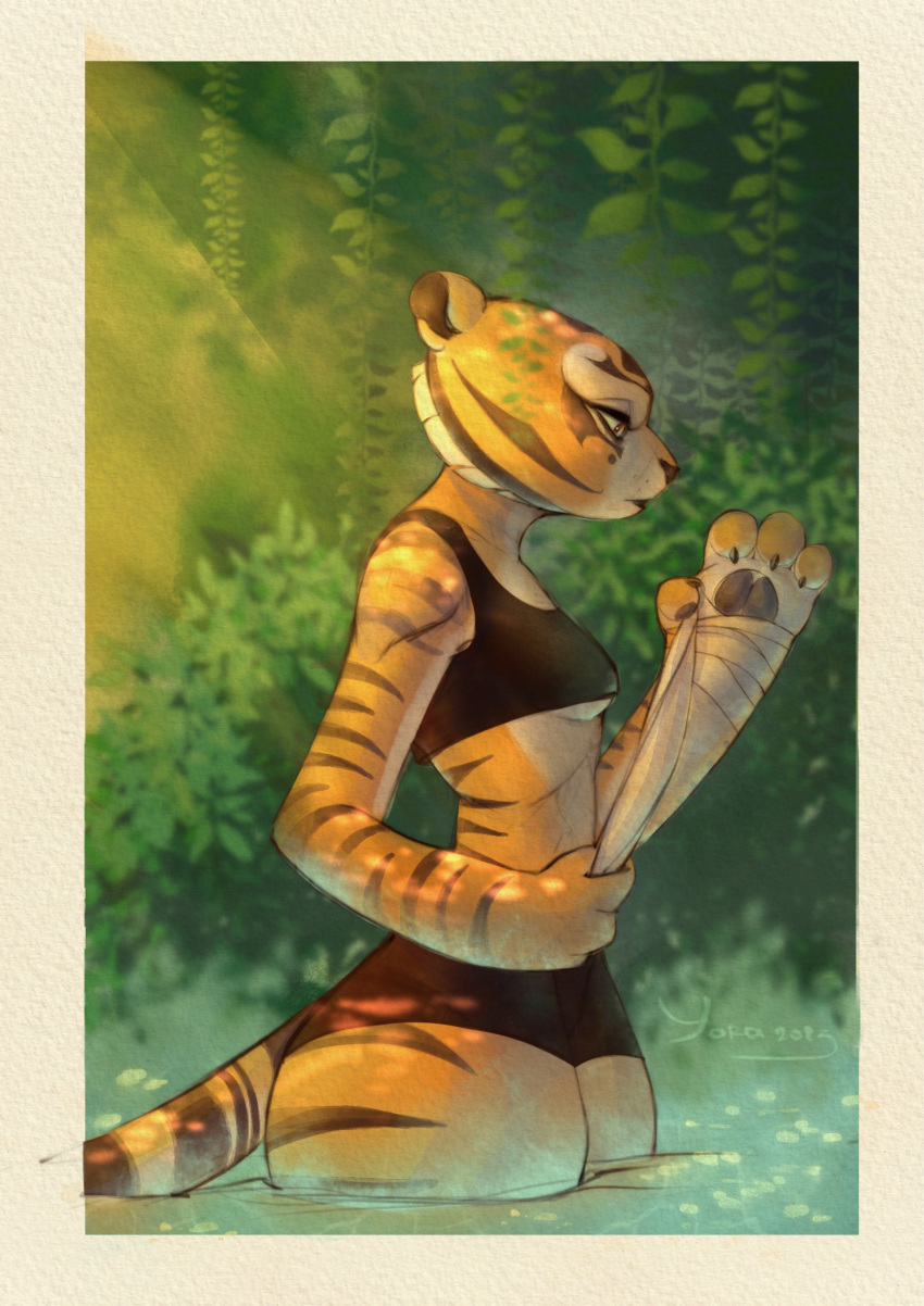 2023 4_fingers anthro arm_wraps breasts clothing dreamworks felid female fingers fur hi_res kung_fu_panda mammal master_tigress orange_body orange_fur outside pantherine partially_submerged plant small_breasts solo striped_body striped_fur stripes thick_thighs tiger under_boob water white_body white_fur wraps yora