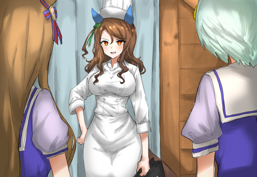 3girls alternate_costume animal_ears bow breasts brown_hair chef chef_hat grass_wonder_(umamusume) green_bow green_hair hand_on_hip hat highres holding horse_ears horse_girl horse_tail impossible_clothes indoors king_halo_(umamusume) kumiyabe large_breasts long_hair manatsu_no_yo_no_inmu multiple_girls one_side_up orange_hair school_uniform seiun_sky_(umamusume) short_hair tail tracen_school_uniform umamusume