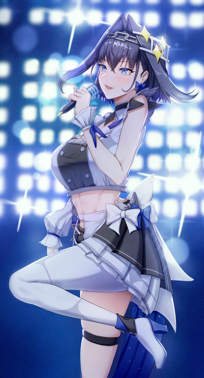 1girl abs absurdres alternate_costume blue_bow blue_eyes blue_hair blush bow bow_earrings breasts buttons commentary cropped_shirt double-breasted earrings english_commentary fangs foot_out_of_frame from_side grey_bow hair_between_eyes hair_intakes hair_ornament head_chain high_heels highres holding holding_microphone hololive hololive_english idol jewelry layered_skirt medium_breasts microphone midriff miniskirt mixed-language_commentary music open_mouth ouro_kronii pantyhose plaid plaid_bow pleated_skirt shirt short_hair singing single_leg_pantyhose single_sleeve skindentation skirt smile solo stage_lights standing standing_on_one_leg teeth thigh_strap upper_teeth_only virtual_youtuber white_bow white_footwear white_pantyhose white_shirt white_skirt wrist_cuffs zenya