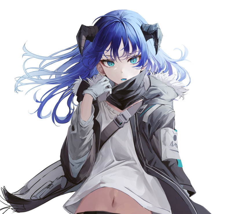 1girl absurdres arknights black_jacket blue_eyes blue_hair commentary gloves highres horns jacket long_hair long_sleeves looking_at_viewer mea_(hwaksal) midriff mostima_(arknights) navel open_clothes open_jacket open_mouth shirt simple_background solo stomach upper_body white_background white_gloves white_shirt