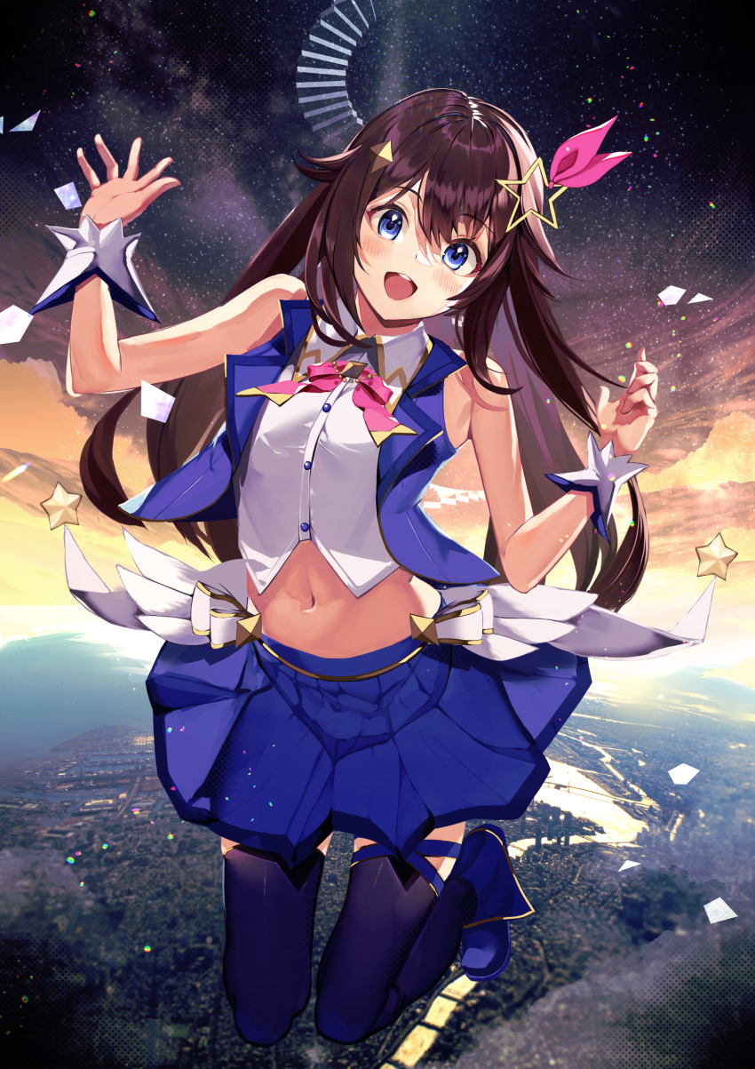 1girl :d above_clouds absurdres bangs bare_shoulders blue_eyes blue_footwear blue_ribbon blue_skirt blue_thighhighs blue_vest blush bow bowtie brown_hair buttons cityscape cloud cloudy_sky collared_shirt commentary_request cropped_shirt cropped_vest diamond_hair_ornament falling full_body hair_between_eyes hair_flaps hair_ornament hair_ribbon hairclip hands_up haruhina_purple head_tilt highres hololive leg_ribbon long_hair looking_at_viewer midriff navel open_hand pink_bow pink_bowtie pink_ribbon pleated_skirt ribbon round_teeth shirt sidelocks skirt sky sleeveless sleeveless_shirt smile solo spiral_staircase stairs star_(sky) star_(symbol) star_hair_ornament starry_sky stomach teeth thigh_ribbon thighhighs tokino_sora upper_teeth_only vest virtual_youtuber waist_cape white_shirt wrist_cuffs