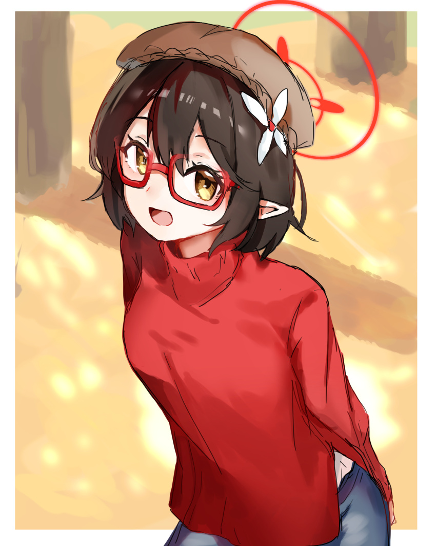 1girl absurdres arms_behind_back ayane_(blue_archive) azisai bangs black_hair blue_archive breasts brown_headwear glasses hair_ornament halo hat highres long_sleeves looking_at_viewer open_mouth pointy_ears red-framed_eyewear red_sweater short_hair sidelocks small_breasts smile solo sweater