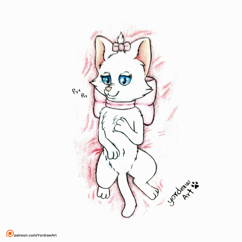 collar cute_expression cute_eyes disney felid feline female feral fur hi_res mammal marie_(aristocats) purring smile solo text the_aristocats url yordraw