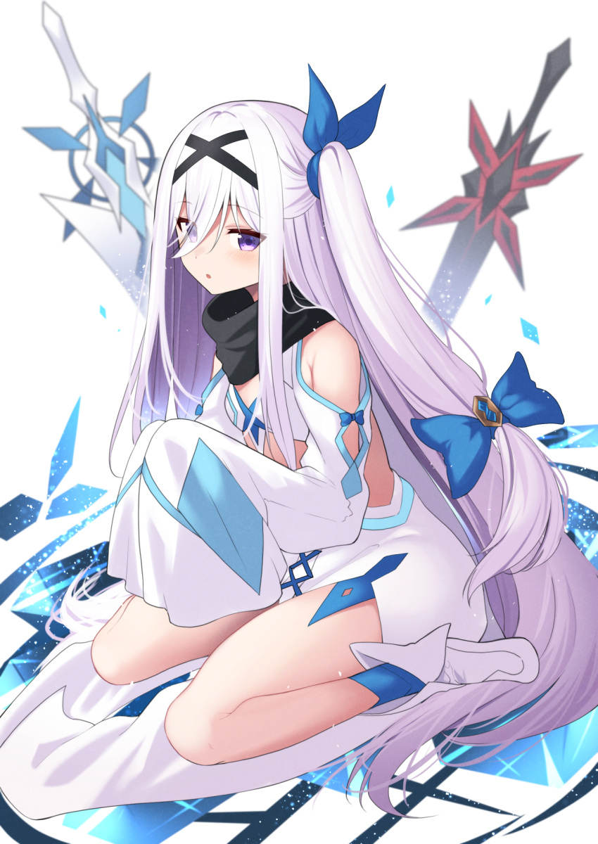 1girl :o bangs bare_shoulders black_hairband black_scarf blue_bow blue_ribbon blue_socks blurry blush bow clothing_cutout commentary_request depth_of_field eyes_visible_through_hair full_body grey_hair hair_between_eyes hair_bow hair_ribbon hairband hands_up highres long_hair long_sleeves looking_at_viewer mahcdai original own_hands_together purple_eyes ribbon scarf shoulder_cutout shrug_(clothing) side_ponytail sidelocks sideways_glance sitting skirt sleeves_past_fingers sleeves_past_wrists socks solo sword very_long_hair wariza weapon white_background white_footwear white_skirt