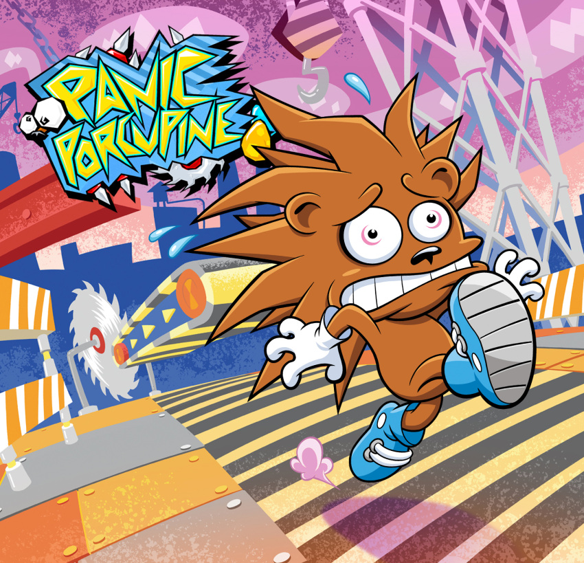 anthro brown_body brown_fur buzzsaw clothed clothing construction_site conveyor_belt footwear fur girder gloves hair handwear hi_res logo male mammal obstacle_course official_art panic_porcupine panic_porcupine_(character) partially_clothed porcupine quills rodent running scared shoes solo spiky_hair tracy_yardley video_game_logo worried