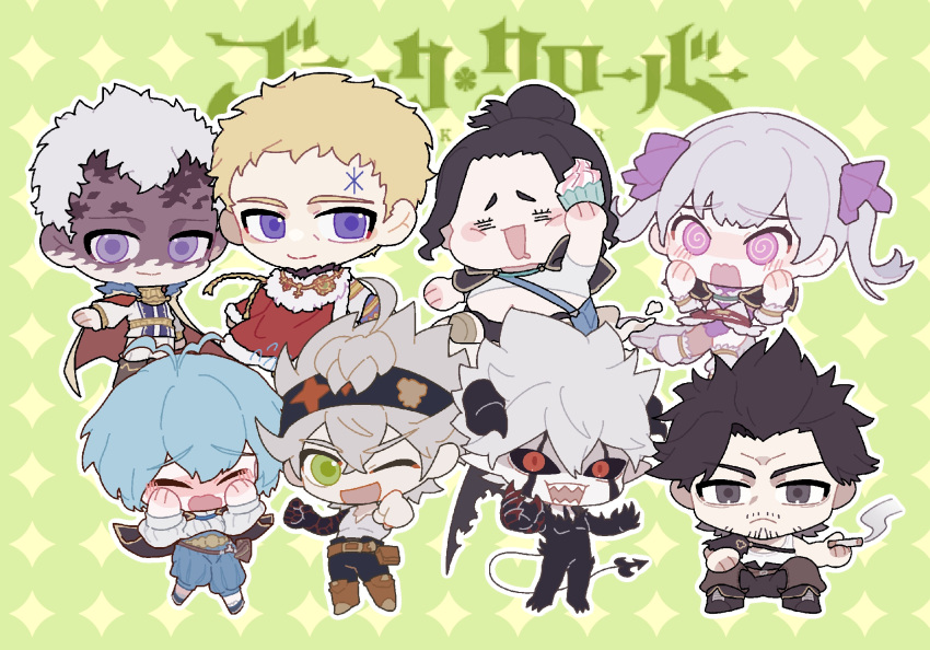 3girls 5boys asta_(black_clover) black_capelet black_clover black_hair blonde_hair blue_hair blush capelet charmy_pappitson chibi copyright_name everyone facial_hair facial_mark forehead_mark green_eyes grey_(black_clover) grey_hair highres julius_novachrono liebe_(black_clover) looking_at_viewer multiple_boys multiple_girls noelle_silva nsb9ouwm7kgnfob pink_eyes purple_eyes red_eyes short_hair spiked_hair stubble twintails william_vangeance yami_sukehiro