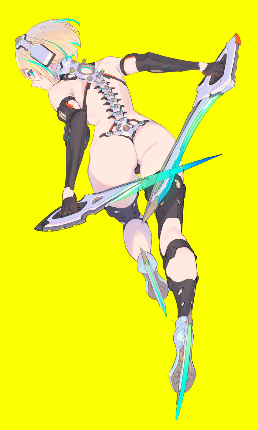 1girl absurdres aqua_eyes armor ass back bare_back blade blonde_hair blue_hair closed_mouth dagger dual_wielding elbow_gloves enkyo_yuuichirou from_behind gloves headphones heel_blade highres holding holding_dagger holding_knife holding_weapon knife looking_at_viewer looking_back mechanical_spine multicolored_hair original revealing_clothes reverse_grip short_hair solo streaked_hair weapon