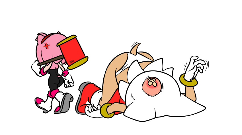 amy_rose anthro armwear bat bent_over boots bracelet breasts bump butt butt_slap cleavage clothed clothing cosplay detached_sleeves dress duo eulipotyphlan female follow_up footwear hammer hedgehog hi_res jewelry mammal panties pillothestar rouge_the_bat sega slap sonic_the_hedgehog_(series) tools underwear