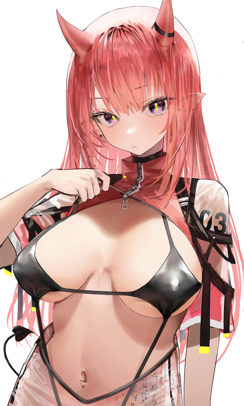 1girl absurdres bangs bikini black_bikini breasts breasts_apart character_request closed_mouth commentary copyright_request demon_horns demon_tail expressionless highres horns jacket large_breasts long_hair looking_at_viewer navel navel_piercing partially_unzipped piercing pointy_ears red_hair see-through see-through_jacket simple_background slingshot_swimsuit slit_pupils solo swimsuit symbol-only_commentary tail upper_body white_background yellow_pupils yonchan