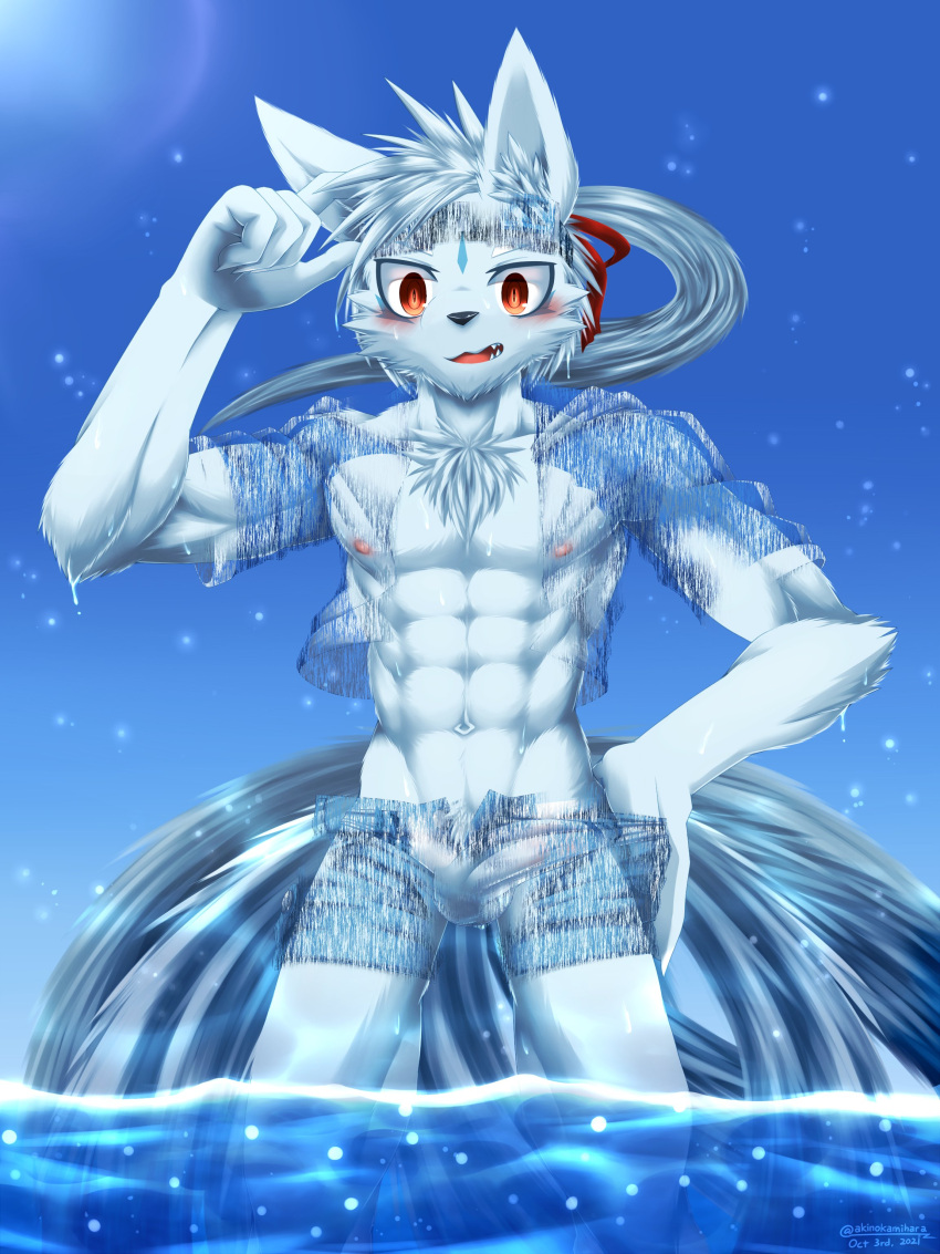 3:4 absurd_res akino-kamihara anthro balls barely_visible_balls barely_visible_genitalia barely_visible_penis blue_body blue_fur blush bodily_fluids bottomwear bulge censored chest_tuft clothed clothing clothing_pull creative_censorship crotch_tuft detailed_bulge dipstick_tail erection erection_under_clothing eyewear eyewear_on_head facial_markings fur generation_1_pokemon genital_outline genitals goggles goggles_on_head hair head_markings hi_res looking_at_viewer male markings multi_tail muscular muscular_anthro muscular_male ninetales nintendo nipples outside partially_submerged penis penis_outline pokemon pokemon_(species) ponytail shiny_pokemon solo speedo suntan surprise sweat swimwear tail tail_markings tan_line translucent translucent_clothing tuft water wet white_body white_fur