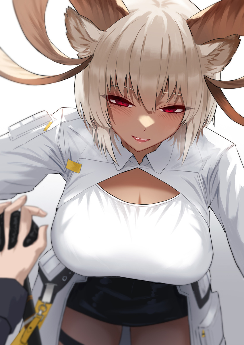1girl 1other animal_ear_fluff animal_ears arknights bangs black_gloves black_skirt blush breasts carnelian_(arknights) cleavage coat dark-skinned_female dark_skin doctor_(arknights) gino gloves goat_ears goat_girl goat_horns grey_hair heavy_breathing highres holding_hands horns interlocked_fingers large_breasts leaning_forward looking_at_viewer miniskirt open_clothes open_coat pov red_eyes shirt short_hair skirt solo_focus thigh_strap white_coat white_shirt