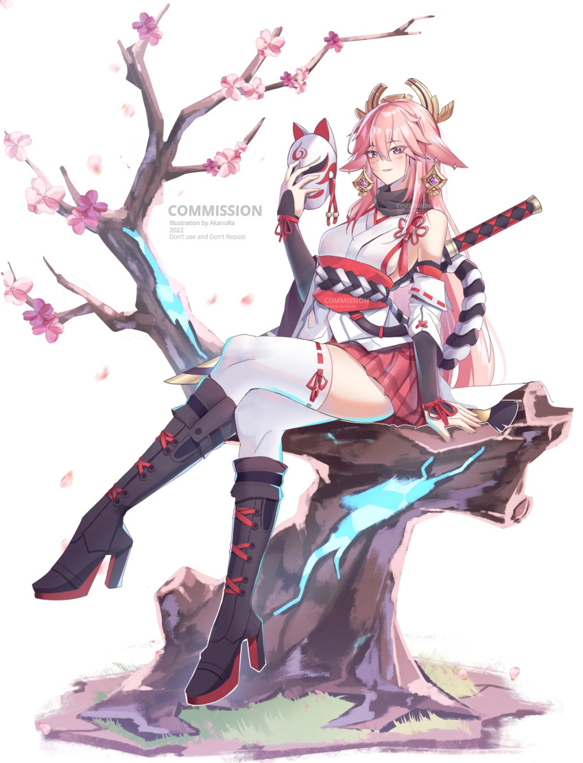 1girl 2022 akanora animal_ears artist_name bangs bare_shoulders boots cherry_blossoms commission company_connection cosplay crossed_legs earrings english_commentary fox_ears fox_mask full_body genshin_impact hair_ornament highres holding holding_mask honkai_(series) honkai_impact_3rd japanese_clothes jewelry katana kimono knee_boots long_hair looking_at_viewer mask mihoyo miko name_connection nontraditional_miko obi petals pink_eyes pink_hair pink_skirt purple_footwear ribbon-trimmed_legwear ribbon_trim sakura_ayane sash sheath sheathed short_kimono simple_background sitting skirt smile solo sword thighhighs trait_connection tree watermark weapon white_background white_kimono white_sleeves white_thighhighs yae_miko yae_sakura yae_sakura_(gyakushinn_miko) yae_sakura_(gyakushinn_miko)_(cosplay)