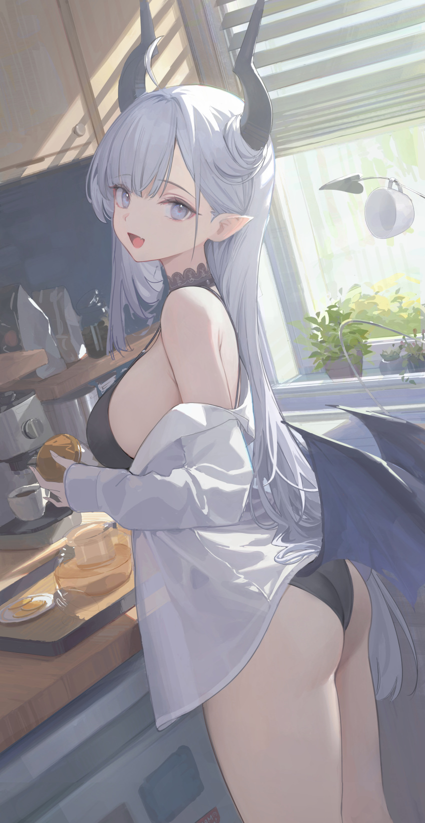 1girl absurdres ahoge ass bangs bare_shoulders blue_eyes breasts coffee coffee_maker_(object) cup demon_girl demon_horns demon_tail demon_wings fang hair_on_horn highres holding horns kitchen large_breasts long_hair long_sleeves looking_at_viewer nekojira original plant pointy_ears skin_fang solo tail thea_(nekojira) thighs underwear unfinished very_long_hair wings