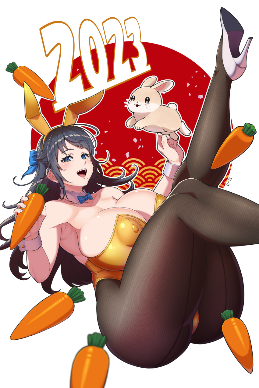 1girl 2023 absurdres animal_ears ass blue_bow blue_bowtie blue_eyes bow bowtie breasts carrot chinese_new_year chinese_zodiac cleavage covered_nipples curvy fake_animal_ears hair_bow happy_new_year hero_(do-belman) high_heels highres holding holding_carrot huge_ass huge_breasts leg_up long_hair mole mole_under_mouth open_mouth original pantyhose playboy_bunny rabbit seigaiha thick_thighs thighs white_background white_footwear wrist_cuffs