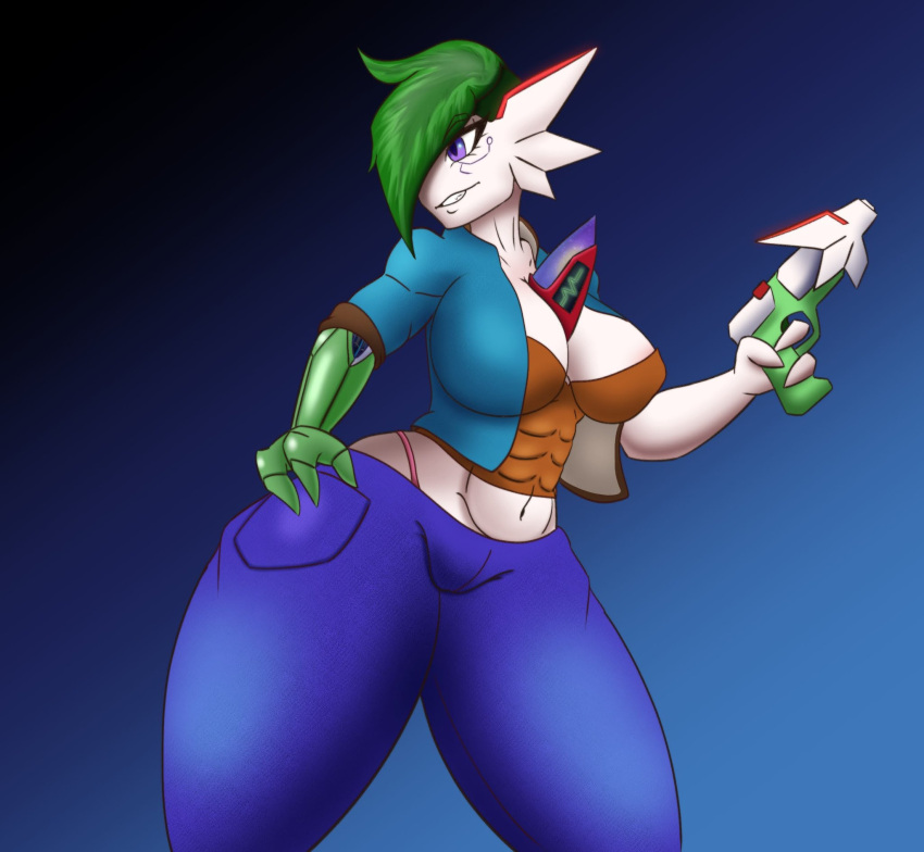 3_fingers abs amber_(reapcreates831) big_breasts bottomwear breasts clothing cybernetic_arm cybernetic_limb cybernetics cyborg female fingers gardevoir generation_3_pokemon green_hair gun hair hair_over_eye hand_on_leg hand_on_thigh hi_res holding_gun holding_object holding_weapon humanoid jacket laser_gun machine midriff nintendo one_eye_obstructed pants pokemon pokemon_(species) purple_eyes ranged_weapon reapcreates831 smile smirk solo thick_thighs thong_straps tight_clothing topwear weapon