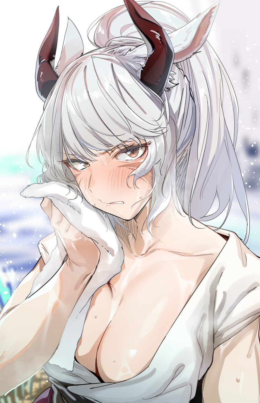 1girl animal_ears blush breasts brown_eyes cleavage collarbone grey_hair highres horns large_breasts long_hair looking_at_viewer original parted_lips ponytail red_horns solo sweat teeth towel uno_ryoku upper_body wiping_sweat