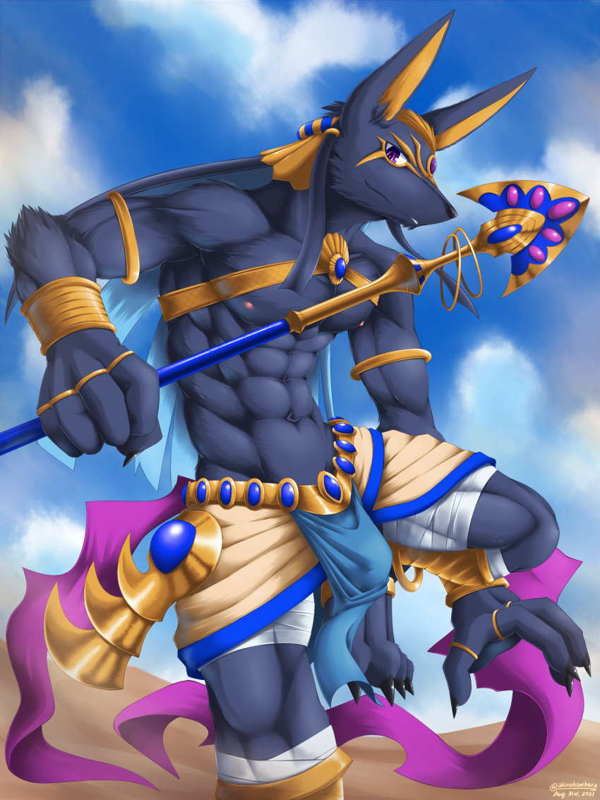 absurd_res akino-kamihara anthro anubian_jackal anubis black_body black_fur bottomwear bracelet bulge canid canine canis claws clothing cloud deity desert egyptian_mythology eyeliner fur hi_res jackal jewelry loincloth looking_at_viewer makeup male mammal middle_eastern_mythology muscular muscular_anthro muscular_male mythology nipples outside red_eyes ribbons ring solo staff wrappings