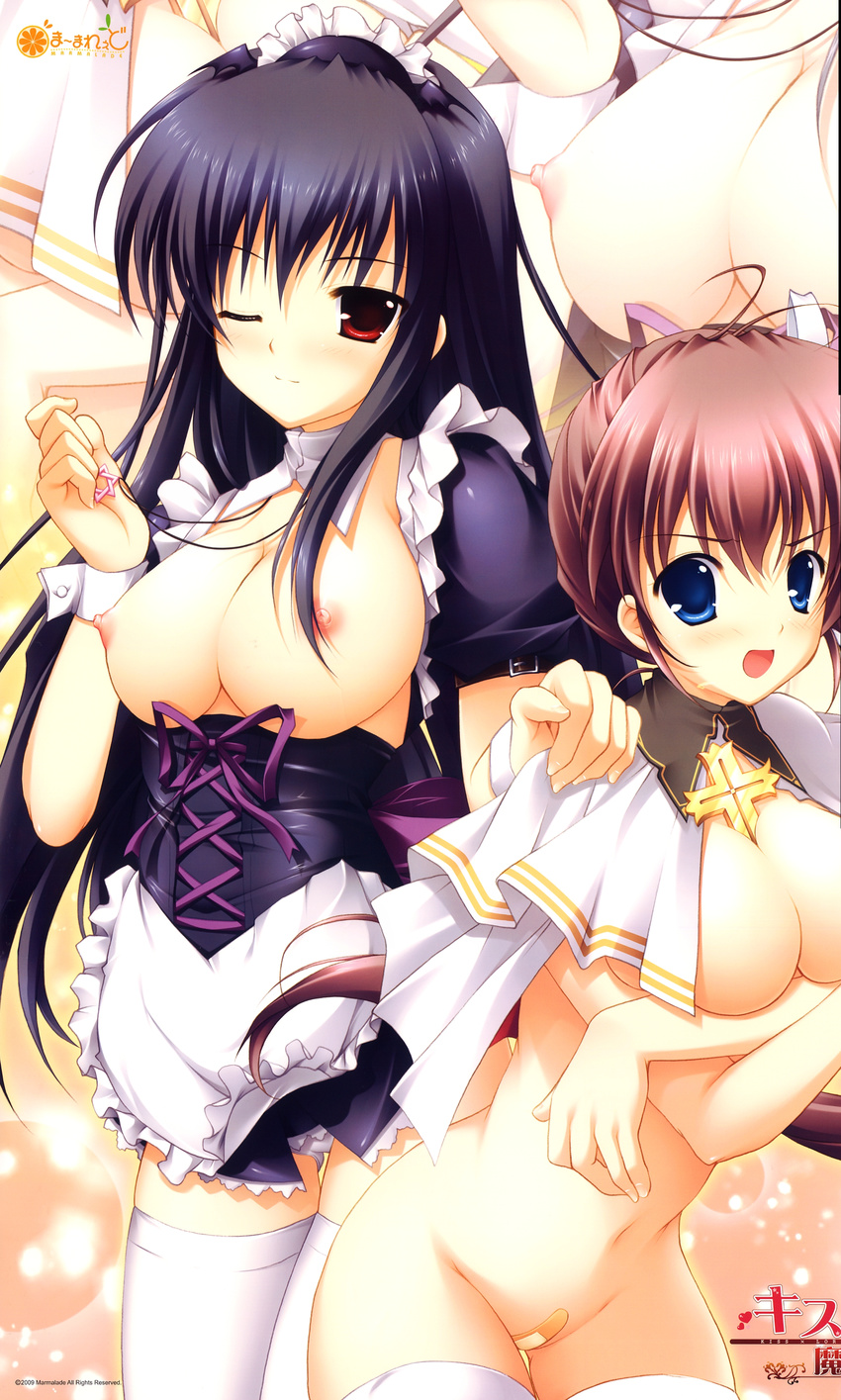 absurdres apron bandaid bandaid_on_pussy between_breasts black_hair blue_eyes breast_hold breasts brown_hair capelet cleavage cross hexagram highres jewelry kiss_to_lord_to_darjeeling kuyou_sarasa large_breasts maid maid_headdress mikeou multiple_girls naked_capelet navel necklace nipples one_eye_closed open_mouth panties pantyshot red_eyes smile star_of_david thighhighs underwear white_legwear white_panties wrist_cuffs yashiro_tsubasa zoom_layer
