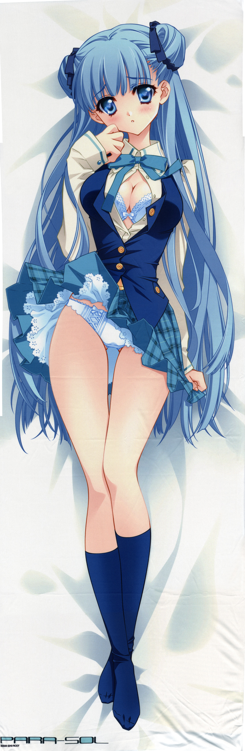 absurdres blue_eyes blue_hair bra breasts carnelian cleavage dakimakura full_body highres kneehighs legs lingerie long_hair medium_breasts open_clothes open_shirt panties para-sol ribbon scan school_uniform shirt skirt socks solo underwear very_long_hair yatabe_noa