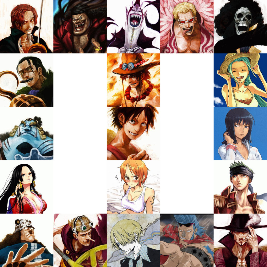 amputee bandanna bartholomew_kuma black_hair blue_eyes blue_hair blue_skin boa_hancock bone bones breasts brook brown_eyes brown_hair cigar cigarette cleavage collage cyborg donquixote_doflamingo dracule_mihawk earrings facial_hair female fire flame franky gecko_moria glasses goatee goggles green_hair hat highres hook horns jewelry jimbei lack long_hair male marshall_d_teach monkey_d_luffy multiple_boys multiple_girls nami necklace nefertari_vivi nico_robin one_piece open_clothes open_shirt orange_hair pirate portgas_d_ace purple_hair rain red_hair roronoa_zoro sanji scar shanks shichibukai sir_crocodile skull slingshot smoking sunglasses sword tattoo top_hat tophat tusks usopp weapon