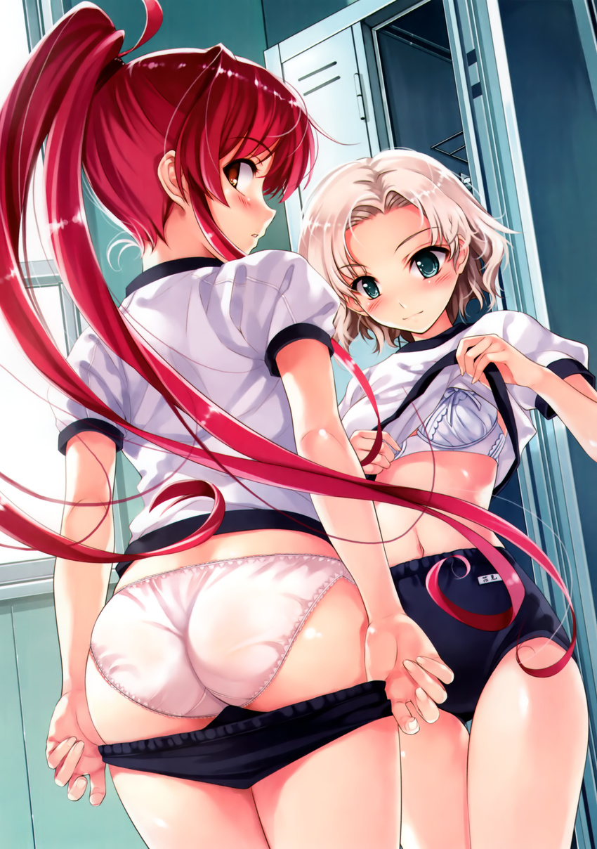 absurdres ass blonde_hair blue_eyes blush bra breasts buruma buruma_pull cradle_(artist) gym_uniform hair_ribbon hanami_mariya highres lingerie locker locker_room long_hair looking_back medium_breasts midriff misaki_kurehito miyamae_tomoka multiple_girls navel open_mouth panties ponytail pulled_by_self red_eyes red_hair ribbon scan shirt_lift short_hair smile suiheisen_made_nan_mile? underwear undressing very_long_hair white_panties