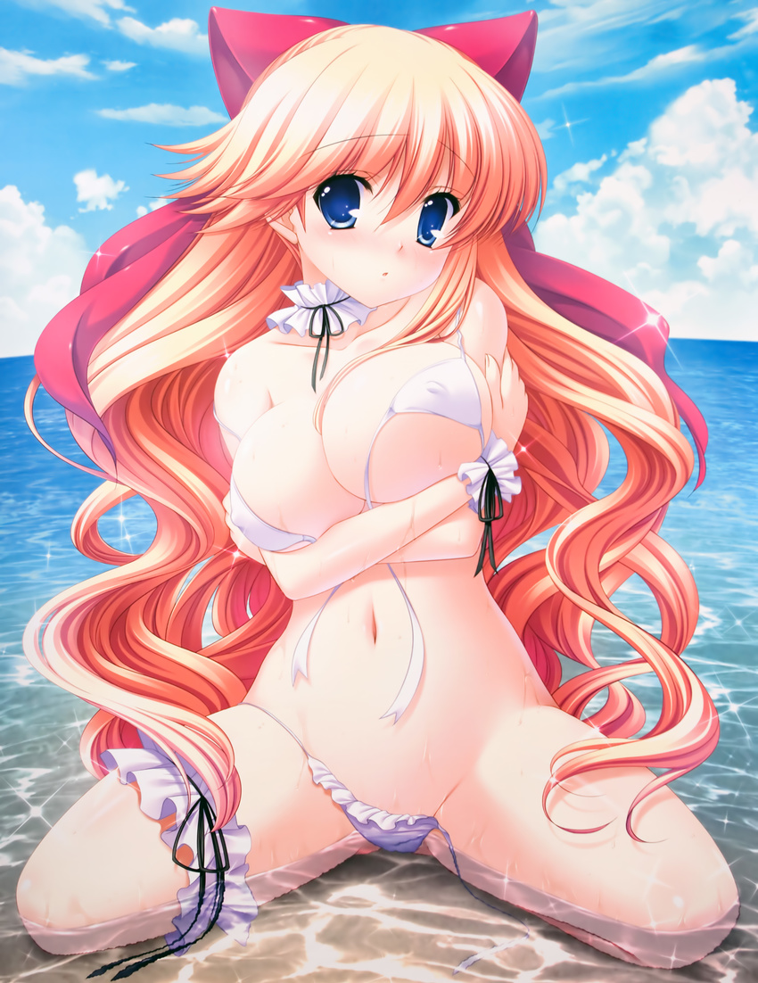 absurdres bikini blue_eyes blush bow breasts cloud day fiorelia_inbrulia front-tie_top garters hair_bow highres large_breasts leg_garter long_hair mercuria mitsumomo_mamu navel side-tie_bikini solo string_bikini swimsuit untied wardrobe_malfunction water wet