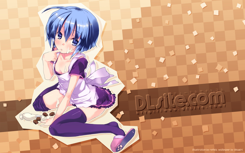 ahoge apron blue_eyes blue_hair bob_cut breasts brown_background checkered checkered_background chocolate cleavage dlsite.com downblouse elle_sweet finger_in_mouth flat_chest highres purple_legwear refeia sexually_suggestive shoe_dangle short_hair sitting slippers small_breasts thighhighs waitress wallpaper zettai_ryouiki