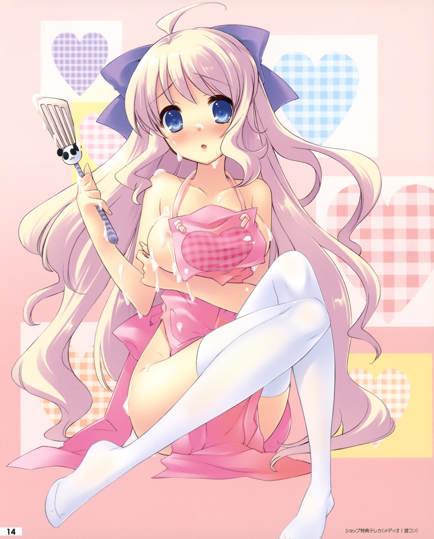 :o absurdres ahoge apron areola_slip areolae blonde_hair blue_eyes blush bow breasts cream embarrassed flyable_heart hair_bow heart highres itou_noiji large_breasts long_hair long_legs messy minase_sakurako naked_apron official_art open_mouth panda plaid plaid_background scan sideboob sitting solo spatula suggestive_fluid thighhighs very_long_hair white_legwear