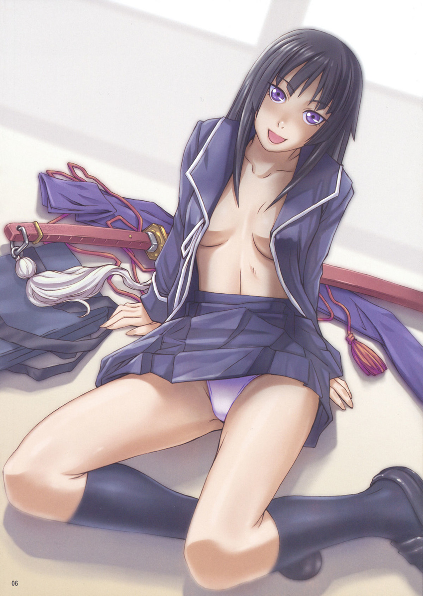 artist_request bangs black_hair blunt_bangs ga-rei ga-rei_zero highres isayama_yomi katana open_clothes open_shirt panties purple_eyes school_uniform serafuku shirt skirt socks solo sword underwear weapon