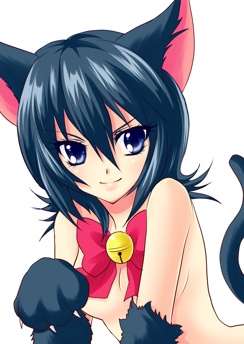 absurdres animal_ears bell black_hair bleach blue_eyes bow cat_ears cat_paws cat_tail highres jingle_bell kuchiki_rukia nude paw_pose paws shoko-tan short_hair smile solo tail