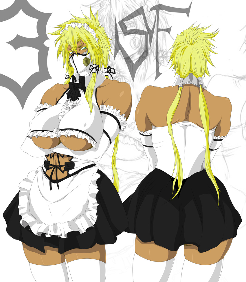 absurdres ass bleach blonde_hair breasts dark_skin green_eyes highres huge_breasts maid mask nipples stiky_finkaz tia_harribel underboob